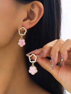 Gold Drop Clover Earrings with Pink Inlay